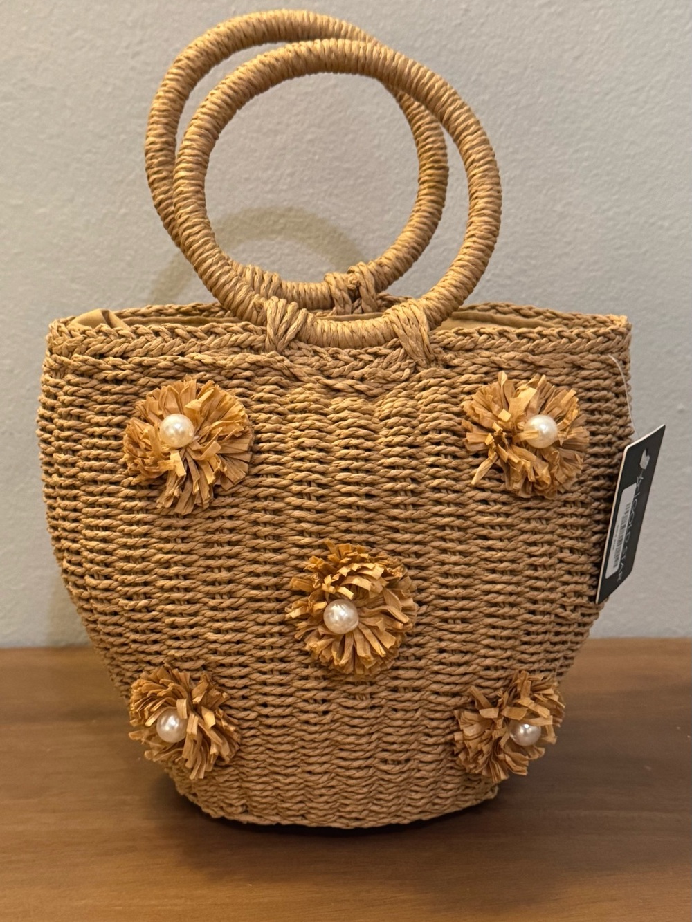 Raffia Mini Tote with Pearl Flower Accents NWT